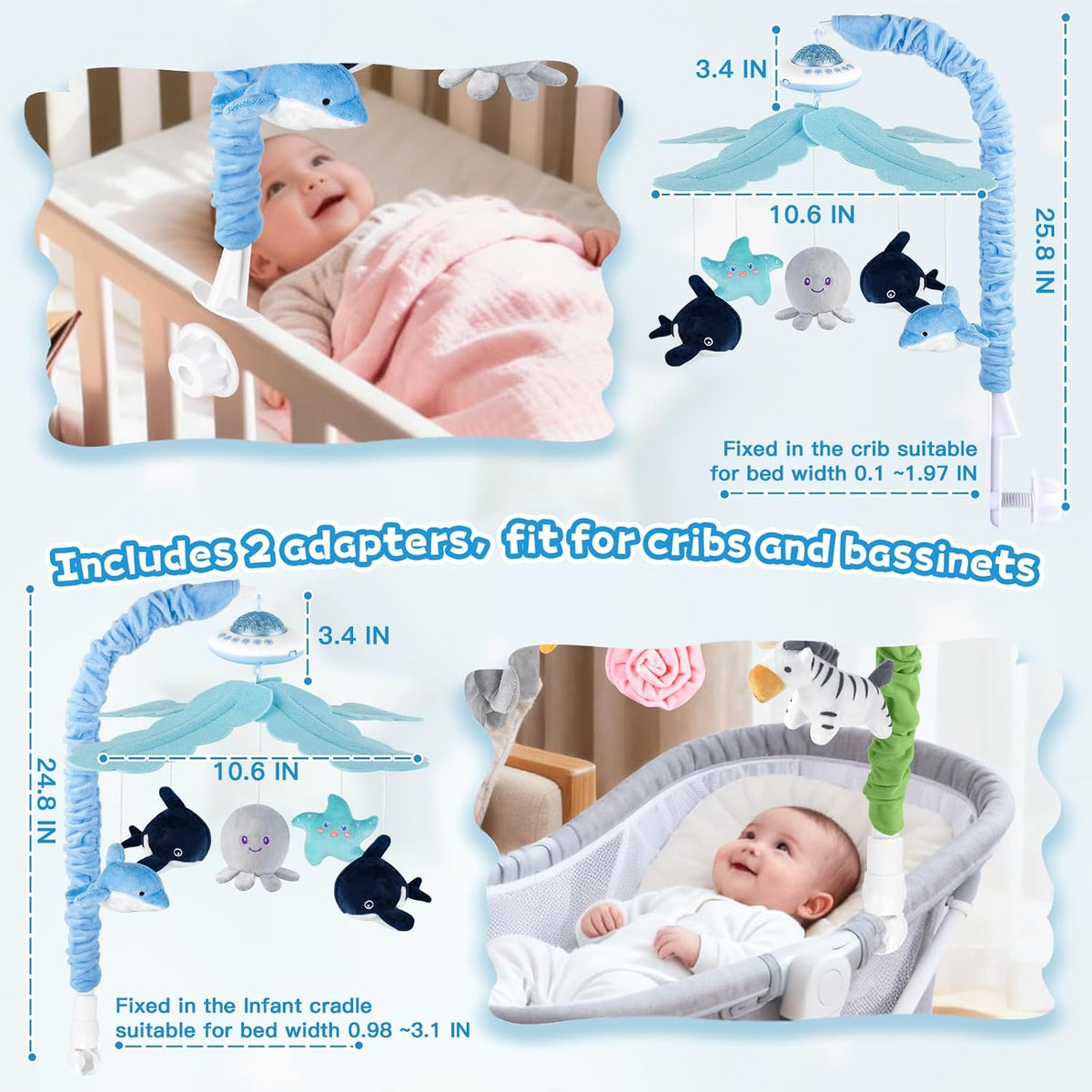 VZO Baby Cot Mobile, Crib Mobile with Music and Projection, Musical Cot Mobiles for Babies, Baby Nursery Cot Mobile Decor Blue