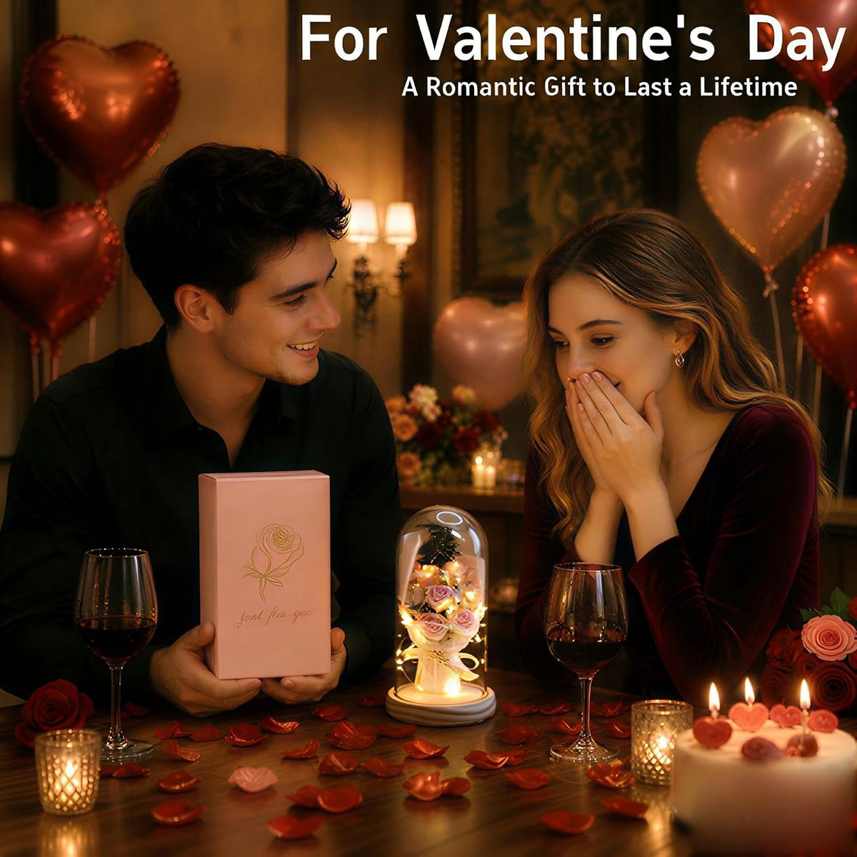 Artificial Roses in Glass Dome with LED Lights, Gift for Mum, Women & Grandma [Pink]