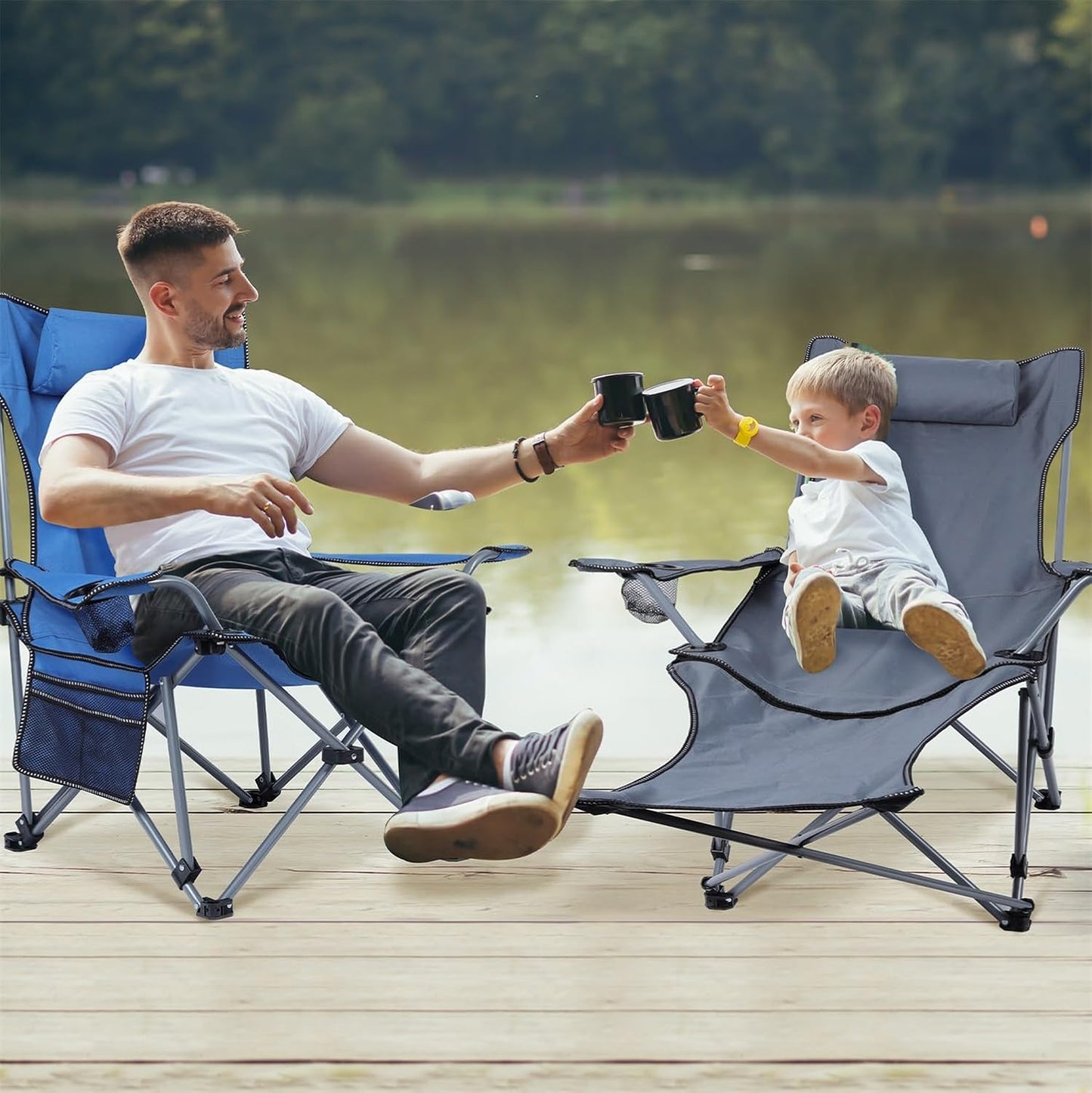 Neloheac heavy duty reclining camping chair set for adults and children by a lake