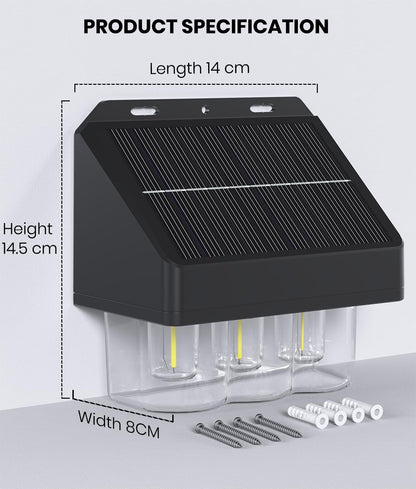Solar Fence Lights Outdoor - 2 Pack, Garden Fence IP67 Waterproof, Warm White 3-Bulb Solar Wall Lights for Patio Decking & Yard Decoration