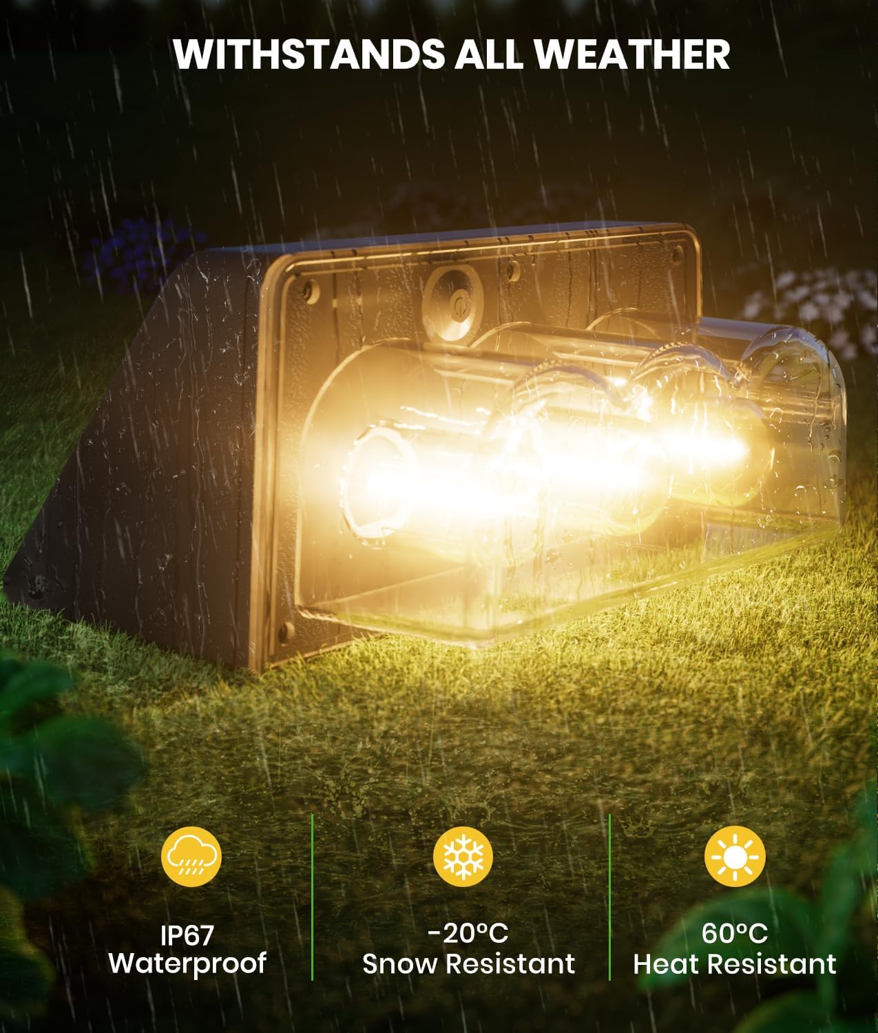 Solar Fence Lights Outdoor - 2 Pack, Garden Fence IP67 Waterproof, Warm White 3-Bulb Solar Wall Lights for Patio Decking & Yard Decoration