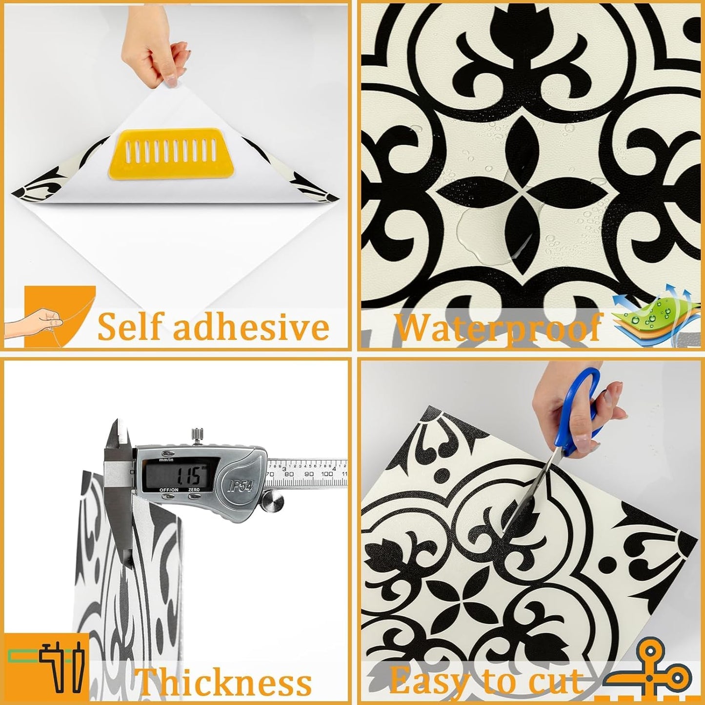 Peel and Stick Floor Tiles Self Adhesive Floor Tile, Vinyl Flooring Waterproof, Lino Flooring for Bathroom Kitchen Living Room DIY Black 30x30cm 10pcs(11.8 x 11.8 inches)