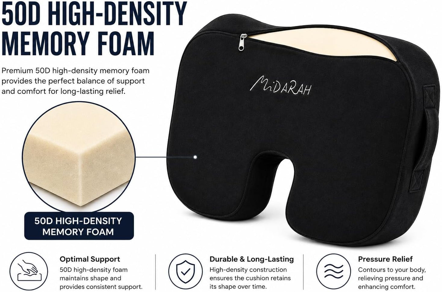 Coccyx Seat Cushion, 50D Memory Foam with 2 Washable Covers