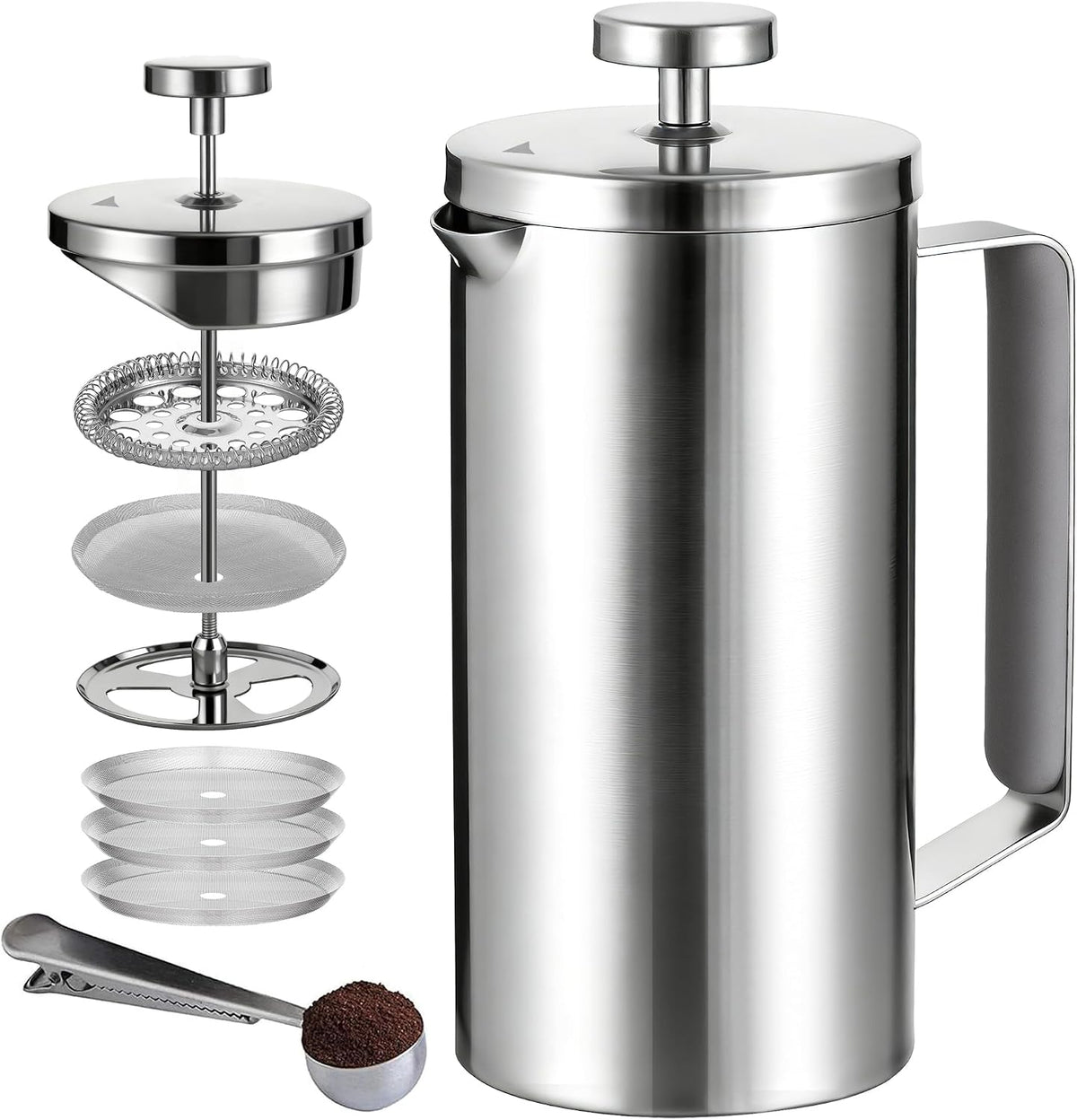 Cafetiere French Press Coffee Maker 600ml/20oz, 304 Double-Wall Insulated Stainless Steel, 3-Level Filtration System, Silicone Handle, Silver Matte, 2-4 Cup