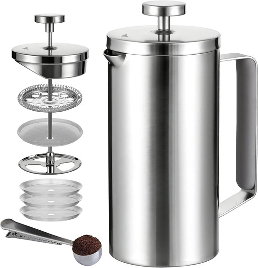 Cafetiere French Press Coffee Maker 600ml/20oz, 304 Double-Wall Insulated Stainless Steel, 3-Level Filtration System, Silicone Handle, Silver Matte, 2-4 Cup