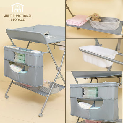 KARAOK Foldable Baby Changing Table with Wheels, Portable Diaper Changing Station with Large Storage Bag & 4-Level Adjustable Height for Newborn, Infant
