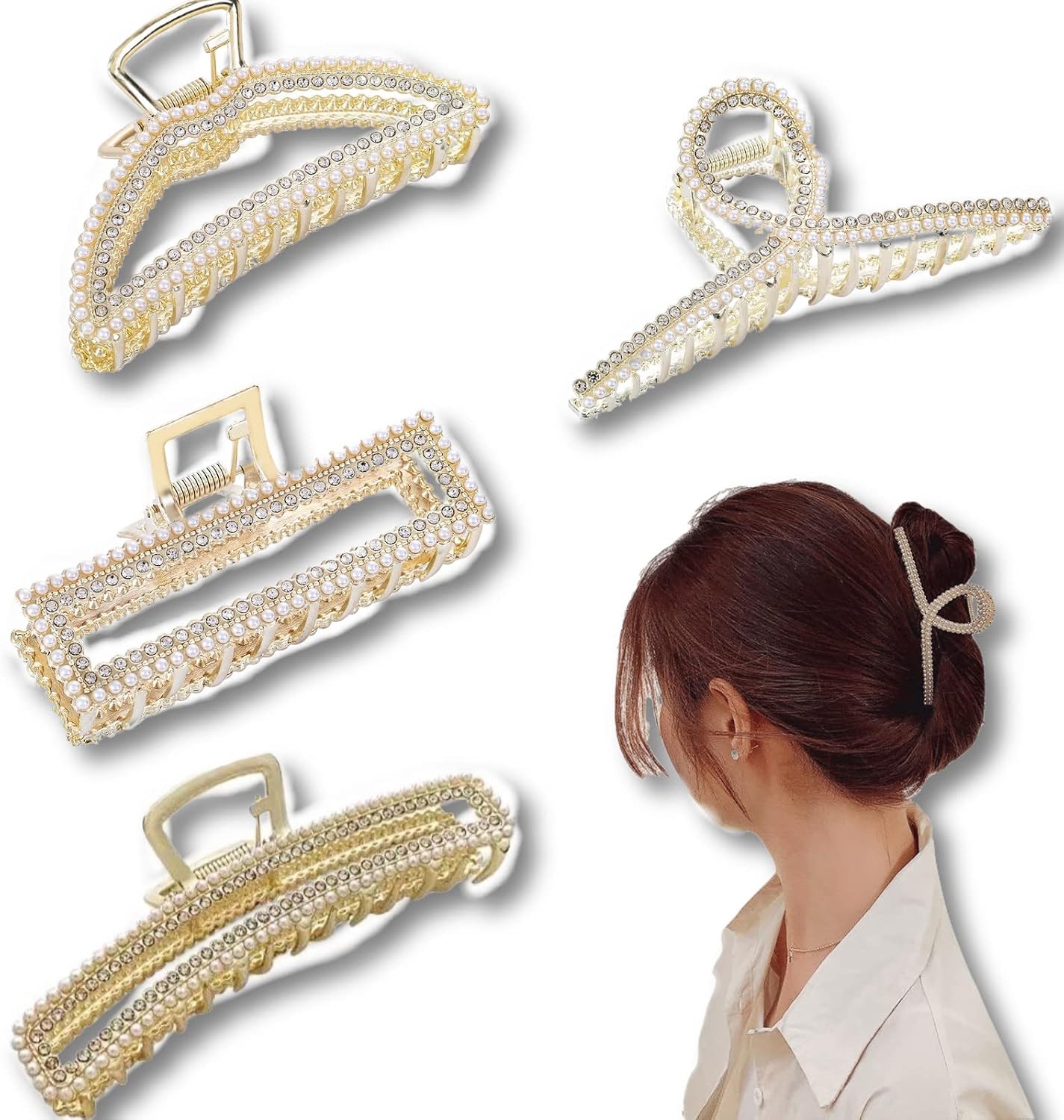 Hair Claw Clips, 4Pcs Metal Hair Clips Large Claw Hair Clips Big Jaw Clips Rhinestones Hair Claw Nonslip Pearl Gold Hair Clamps Strong Hold Hair Accessories for Women& Girls Sikypaota (4PCS)