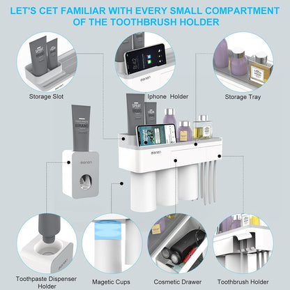 Toothbrush Holders Wall Mounted, Toothbrush Holder with Automatic Toothpaste Dispensers, 6 Brush Slots, 3 Magnetic Cups,1 Cosmetic Drawer Organizer, Storage Tray with Iphone Holder, Grey