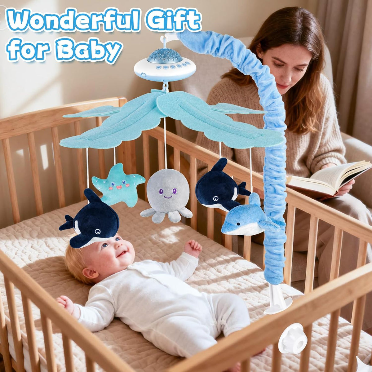 VZO Baby Cot Mobile, Crib Mobile with Music and Projection, Musical Cot Mobiles for Babies, Baby Nursery Cot Mobile Decor Blue