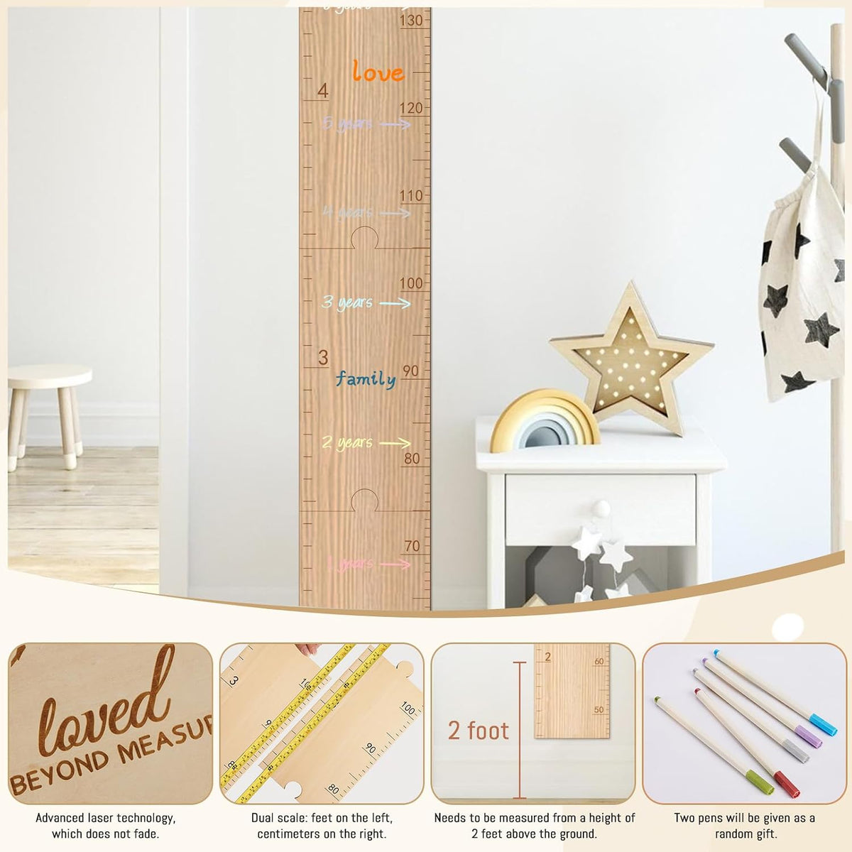 GUANKE Wooden Kids Height Chart for Wall, Natural Solid Wood Dual Scale (Feet/CM), Writable Growth Tracker, Easy Install Nursery Decor (Tree)