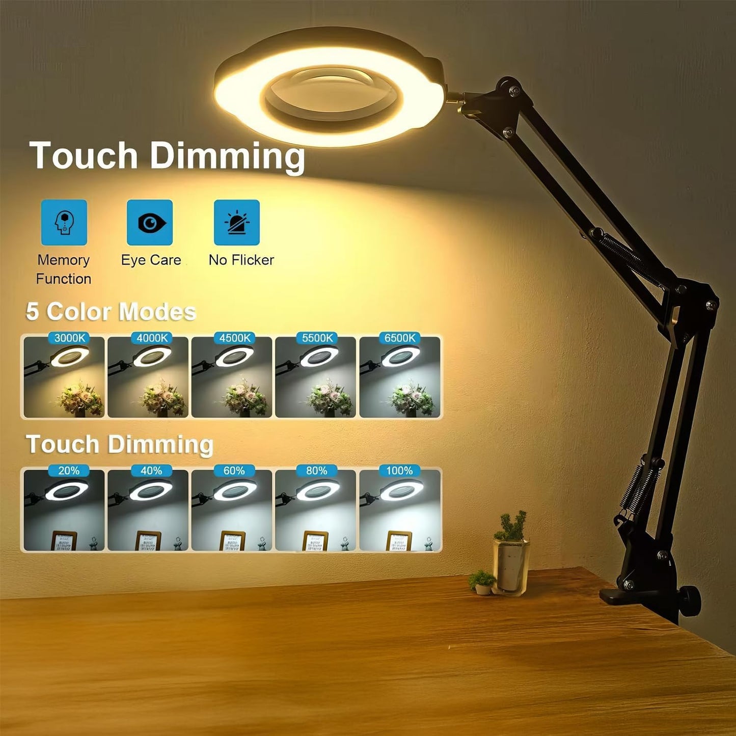 15X Magnifying Glass Desk Lamp with Clamp and Base