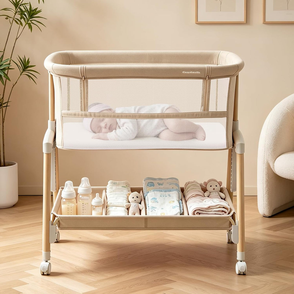 Next To Me Crib – Adjustable Baby Bed with Dropside, Premium Mattress, Breathable Mesh & Storage Shelf - No-Tool Assembly Bedside Baby Crib, Bassinet for Newborns 0–6 Months (Beige)