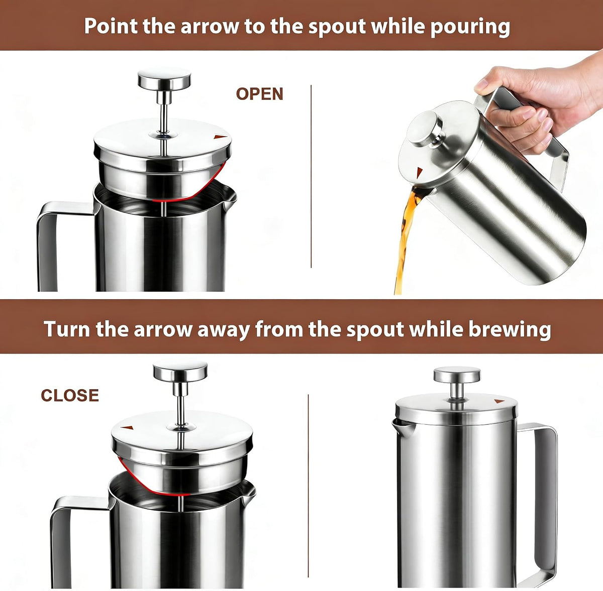 Cafetiere French Press Coffee Maker 600ml/20oz, 304 Double-Wall Insulated Stainless Steel, 3-Level Filtration System, Silicone Handle, Silver Matte, 2-4 Cup