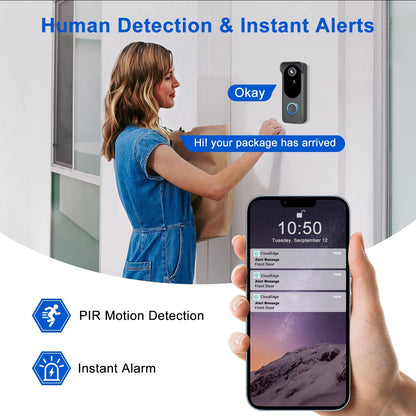 Video Doorbell Camera Wireless, 2K HD Smart Door Bell Camera, PIR Motion Detection,Battery Powered, Instant Alerts, 2-Way Audio, Night Vision, 2.4G WiFi, IP66, SD Card/Cloud ,Compatible with Alexa