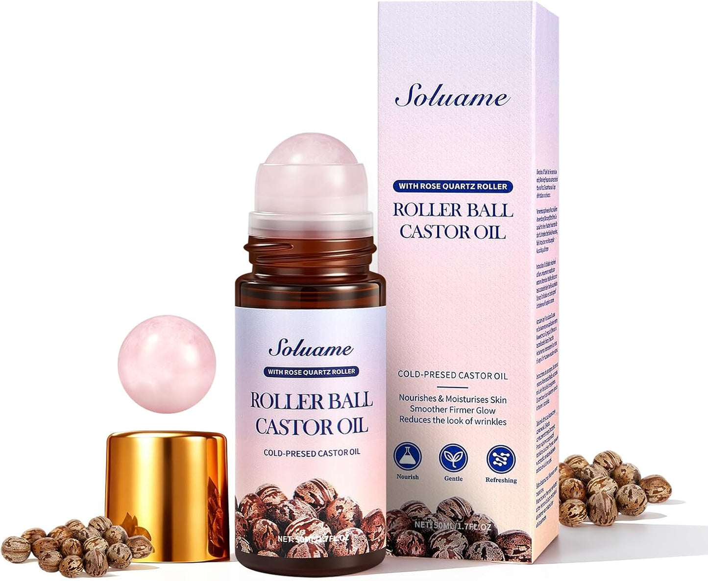 Roll-On Castor Oil with Rose Quartz Roller, Cold Pressed Castor Oil Roll-On for Face, Body and Neck, Moisturizing and Nourishing for Skin 1.7fl.oz