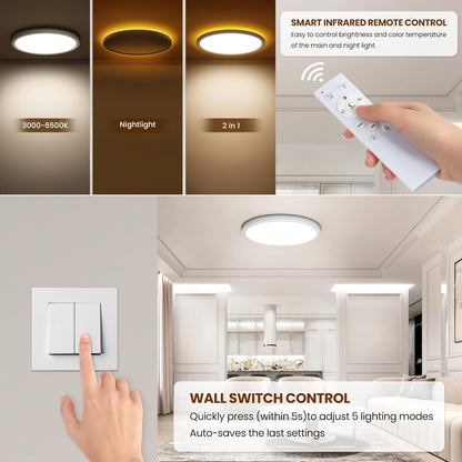 ONEWAY LED Ceiling Light Dimmable 24W,Ceiling Lamp with 1800K Warm Night Light & 3000K-6500K & Timer & Remote Control,Ultra-thin Bathroom Ceiling Light for Bedroom Children's Room Living Room-30x2.7cm