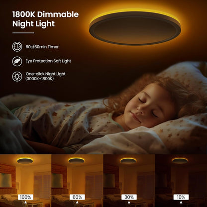 ONEWAY LED Ceiling Light Dimmable 24W,Ceiling Lamp with 1800K Warm Night Light & 3000K-6500K & Timer & Remote Control,Ultra-thin Bathroom Ceiling Light for Bedroom Children's Room Living Room-30x2.7cm