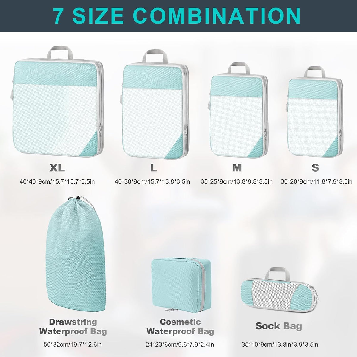 Compression Packing Cubes, 7 PCS Travel Luggage Packing Organizers with Mesh Extensible Suitcase Organiser Bags Set for Travel or Home Storage (Blue)