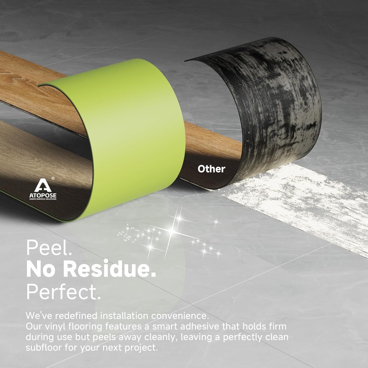 Peel and stick wood effect flooring by ATOPOSE showcasing easy installation and no residue for a clean subfloor