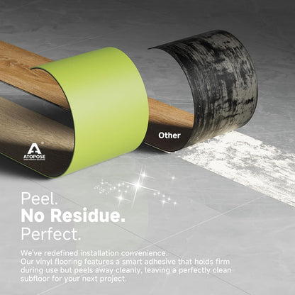 Peel and stick wood effect flooring by ATOPOSE showcasing easy installation and no residue for a clean subfloor