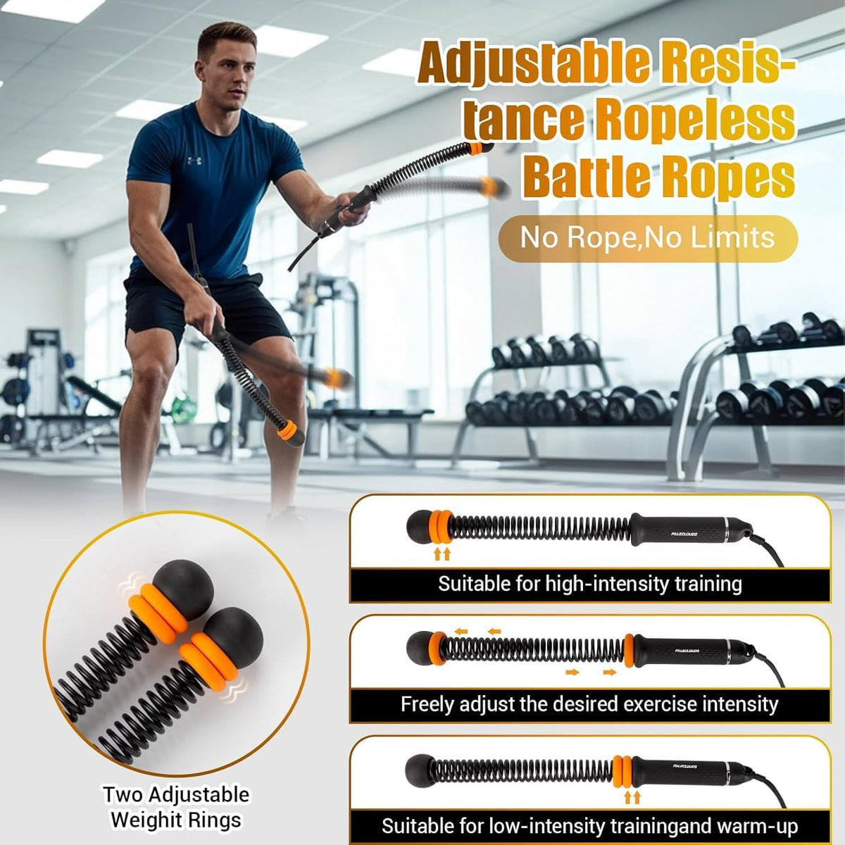 Weighted Ropeless Battle Ropes with Adjustable Resistance, Cordless Heavy Rope Simulator for Small Flats & Home Gym, Silent Indoor Workout Equipment for HIIT & Full Body Strength (Classic Black)