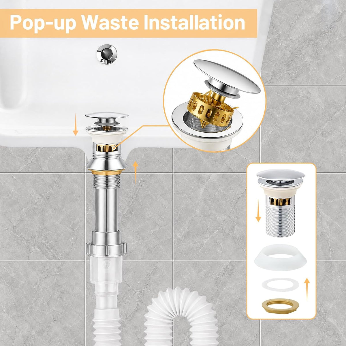 Waterfall Bathroom Basin Mixer Tap, 304 Stainless Steel with Pop-Up Waste