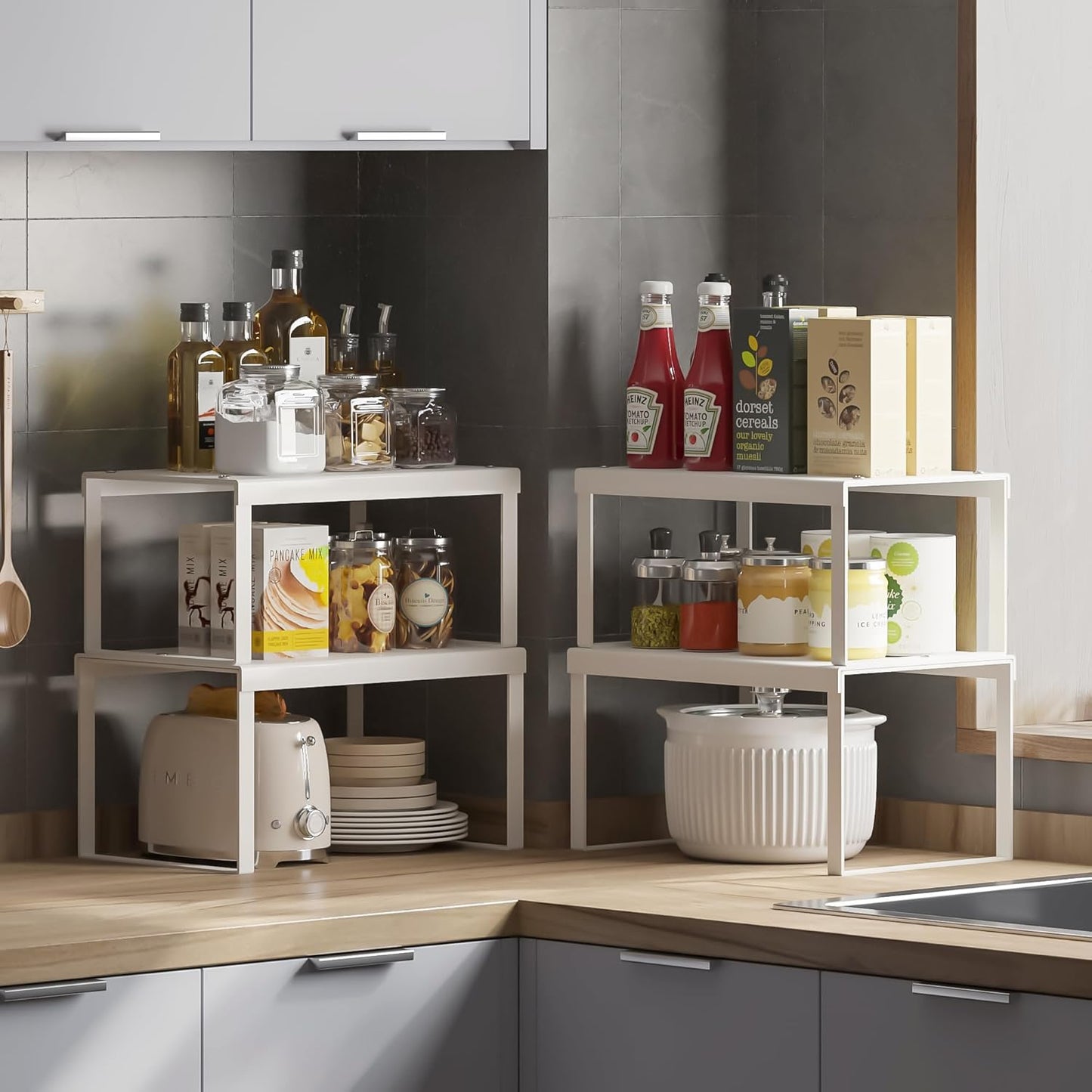 JEPEErbz Kitchen Cupboard Organiser, 2-Pack Cabinet Storage Shelf Organizer Rack, Metal Expandable Spice Holder, Stackable Storage Shelves for Cupboard, Shelf Insert, Countertop, Pantry (White)
