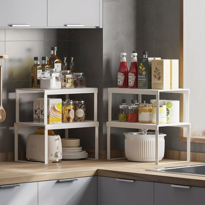 JEPEErbz Kitchen Cupboard Organiser, 2-Pack Cabinet Storage Shelf Organizer Rack, Metal Expandable Spice Holder, Stackable Storage Shelves for Cupboard, Shelf Insert, Countertop, Pantry (White)