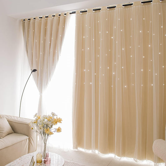 Star Blackout Curtains with Nets,Beige Star Panels Nursery Double Layer Window Curtains for Kids Girls Room Bedroom Living Room Decoration,2 Panels,W 52 in x L 84 in
