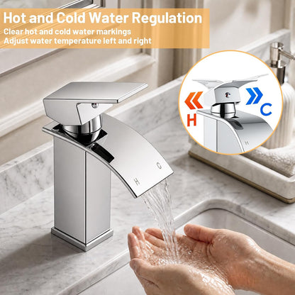 Waterfall Bathroom Basin Mixer Tap, 304 Stainless Steel with Pop-Up Waste