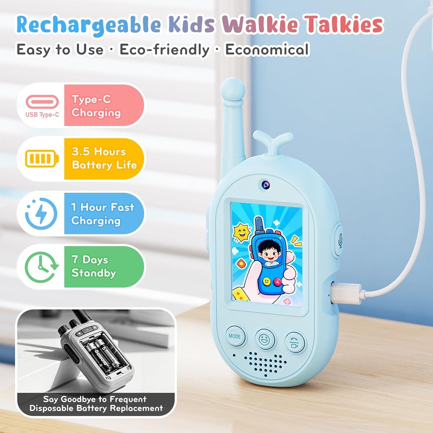 Kids Video Walkie Talkies 2 Pack, Rechargeable Walkie Talkies with Voice Changer & Sticker Effect, Long Range Video Intercom for Indoor Outdoor Games, Birthday Gifts for 3-10 Year Old Boys Girls