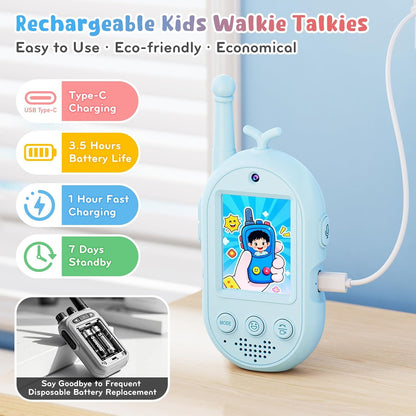 Kids Video Walkie Talkies 2 Pack, Rechargeable Walkie Talkies with Voice Changer & Sticker Effect, Long Range Video Intercom for Indoor Outdoor Games, Birthday Gifts for 3-10 Year Old Boys Girls