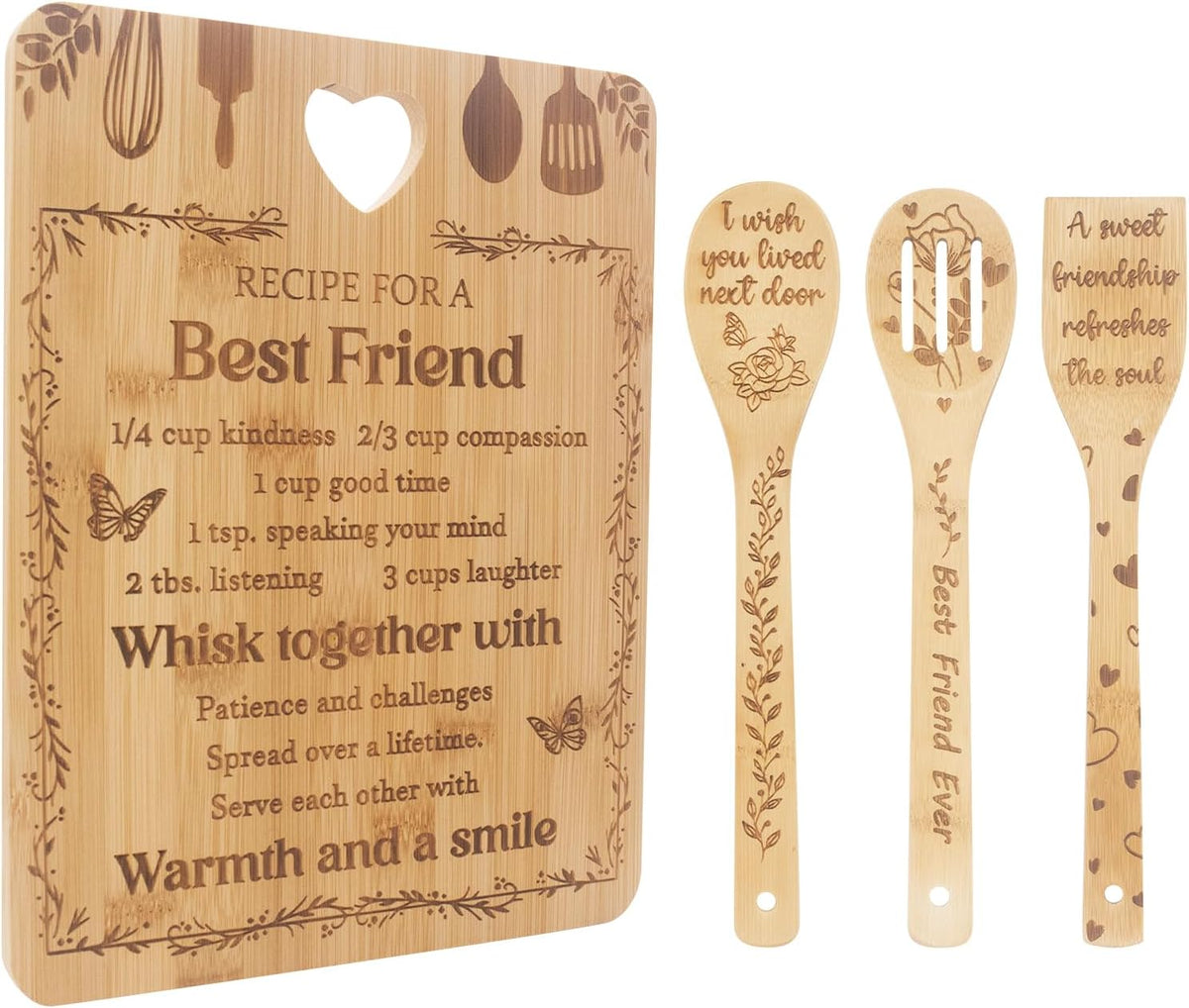 Chopping Board Set Kitchen Gift, Birthday Gifts for Sister, Unique Handmade Engraved Cutting Board with 3 Spoons