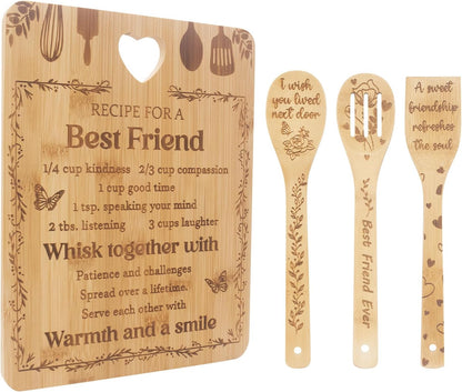 Chopping Board Set Kitchen Gift, Birthday Gifts for Sister, Unique Handmade Engraved Cutting Board with 3 Spoons