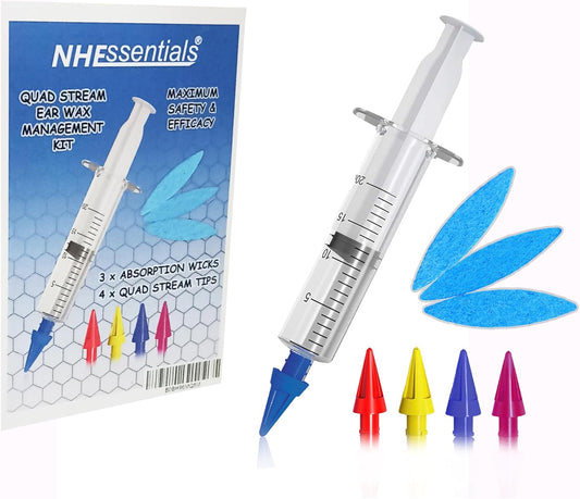 Ear Wax Removal Syringe 20ML Capacity with 4 Soft Silicone Quad Tips & 3 x Post Treatment Water Removal Wicks