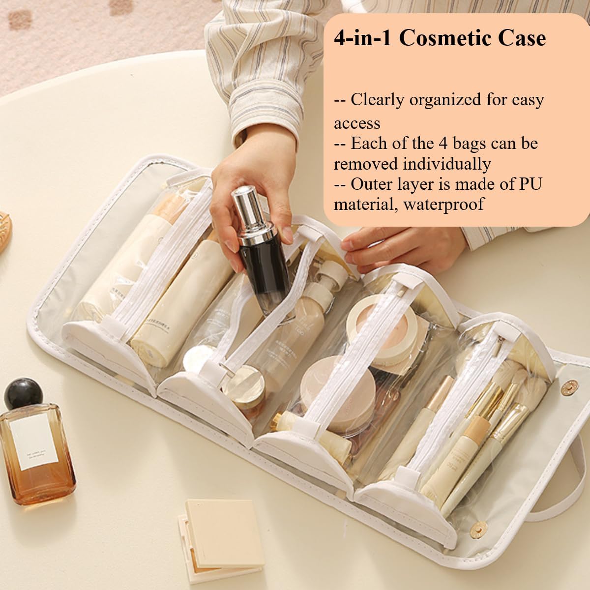 4-in-1 Cosmetic Pouch Travel Makeup Organizer Bag, Portable Toiletry Bag with Removable Pouches Cosmetic Case with Handle Waterproof PU Material (Pink)