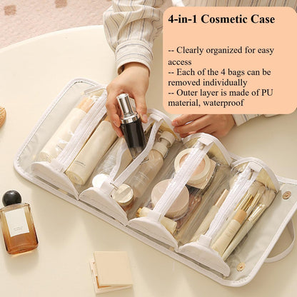 4-in-1 Cosmetic Pouch Travel Makeup Organizer Bag, Portable Toiletry Bag with Removable Pouches Cosmetic Case with Handle Waterproof PU Material (Pink)
