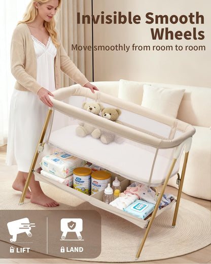 JevrJeur Baby Bassinet, Bedside Bassinet for Baby, Bassinet Bedside Sleeper with Mattress, Storage Basket and 4 Auto-Lock Wheels, Full-Mesh Sides, Bedside