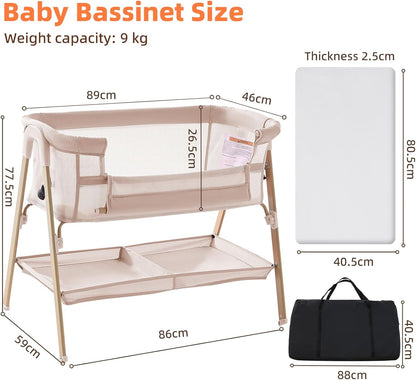 Next to Me Crib, 3 in 1 Baby Beside Crib for Babies from Birth to 9kg, Portable Travel Cot Bed with Wheels, Storage, Mosquito Net and Mattress Baby Co-Sleeper for Newborn Infant Beige
