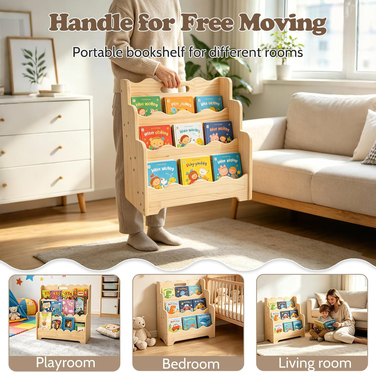 Scalloped Kids Bookshelf, 3-Tier Montessori Toddler Bookcase, Front-Facing Book Organizer with Handle, Solid Pine Wood, Nursery Book Shelves for Bedroom Playroom Classroom & Reading Corner
