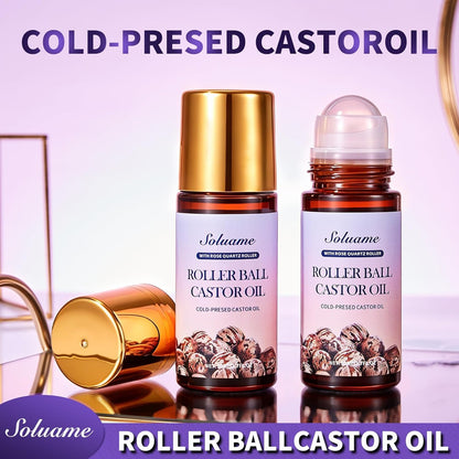 Roll-On Castor Oil with Rose Quartz Roller, Cold Pressed Castor Oil Roll-On for Face, Body and Neck, Moisturizing and Nourishing for Skin 1.7fl.oz
