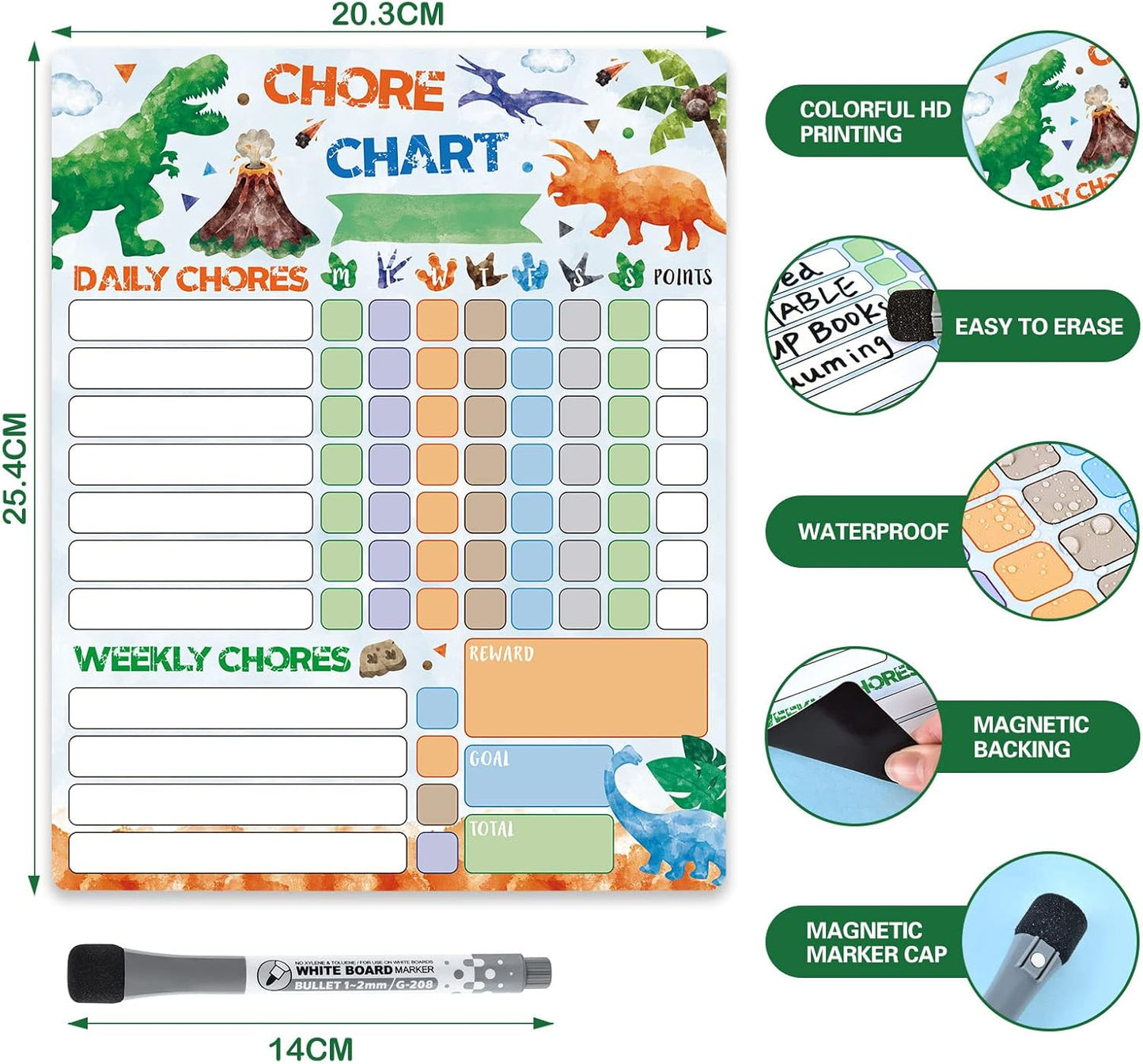 WERNNSAI Dinosaur Chore Chart - Magnetic Reward Chart for Boys Kids Good Behavior Chart with 1 Marker Reusable Dry Erase Responsibility Charts for Fridge Home School Supplies