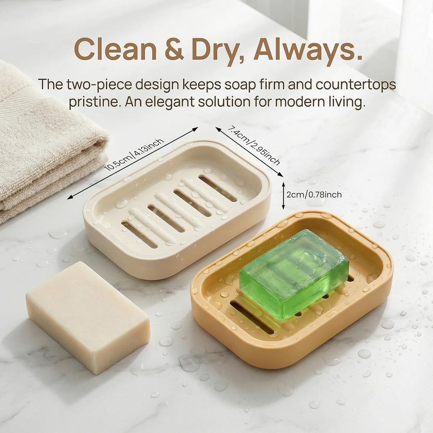 2PCS Soap Dish, Soap Dish for Shower, Double Soap Dish with Drainage, Anti-Slip and PortableSoap Holder for Bathroom, Kitchen Sponges, Keep Soap Dry and Clean(White & Khaki)