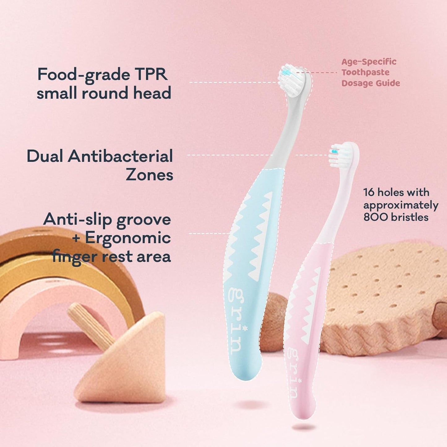 Grin Milky Start Toddler Toothbrush - Baby Toothbrush with Small Round Head, Ultra-Soft Bristles for Safe, Gentle Cleaning - Easy-Grip Handle, BPA-Free - Pink, 6-24 Months