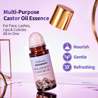 Roll-On Castor Oil with Rose Quartz Roller, Cold Pressed Castor Oil Roll-On for Face, Body and Neck, Moisturizing and Nourishing for Skin 1.7fl.oz