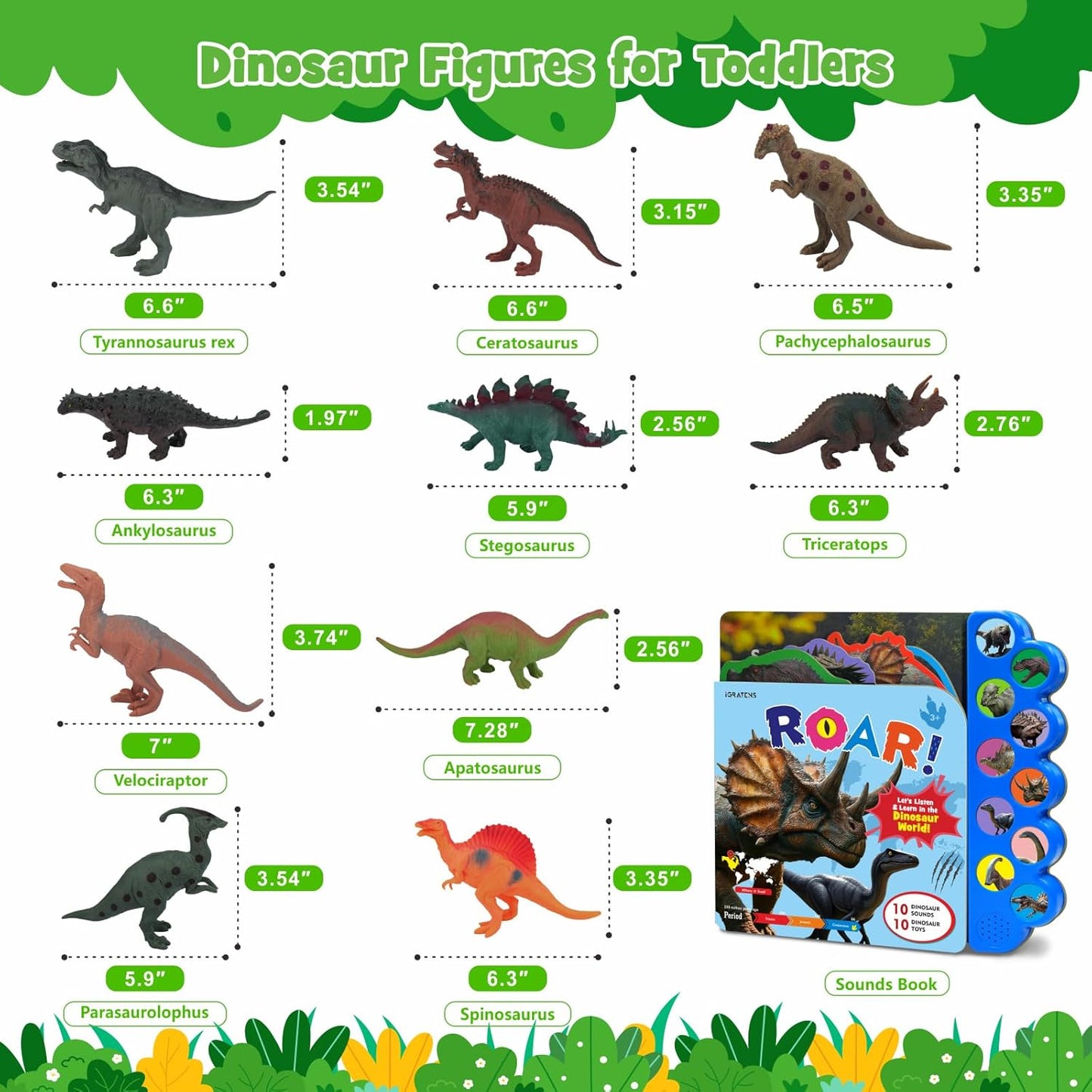 Dinosaur Toys with Sounds Book, 10PCS Dino Figures for Toddlers & Animal Sounds Book with 10 Buttons, Realistic Plastic Animal Figures, Dinosaur Toys for Kids 3-5, Gifts for Dinosaurs Lover