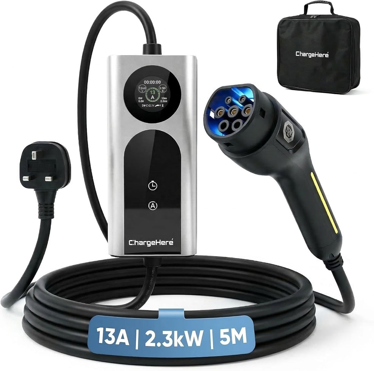 Portable EV Charger Type 2 to UK 3-Pin Plug, 3kW 13A Electric Vehicle Charging, Adjustable Current with Smart LCD Display & Delay Start, IP67 Waterproof, Compatible with Most car (5M)