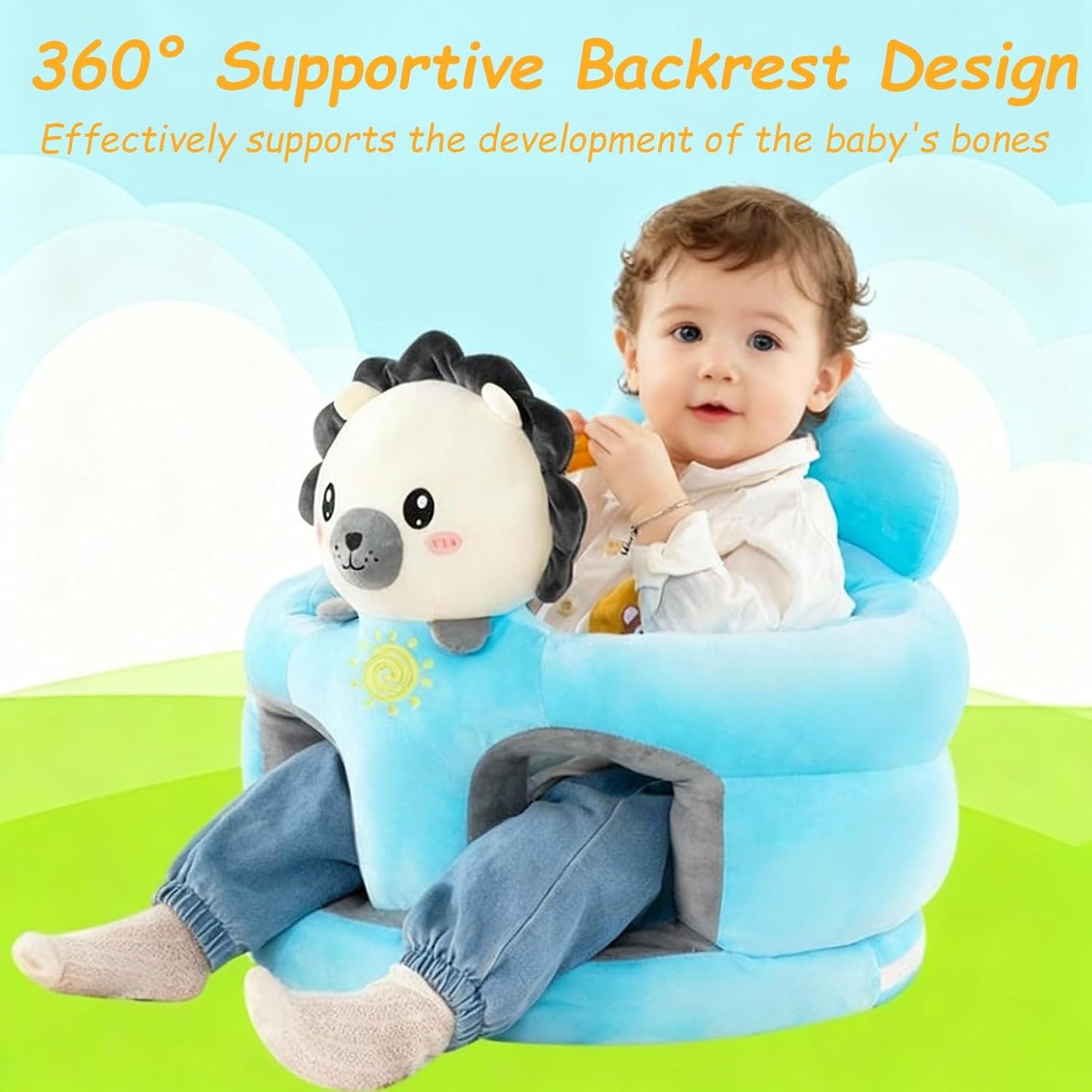 Baby Support Seat with Cute Panda Design, Soft Plush Infant Sitting Chair, 360° Upright Support, Non-Slip Base, Removable & Washable Cover for 3-12 Months Baby's Boys Girls (Fox)