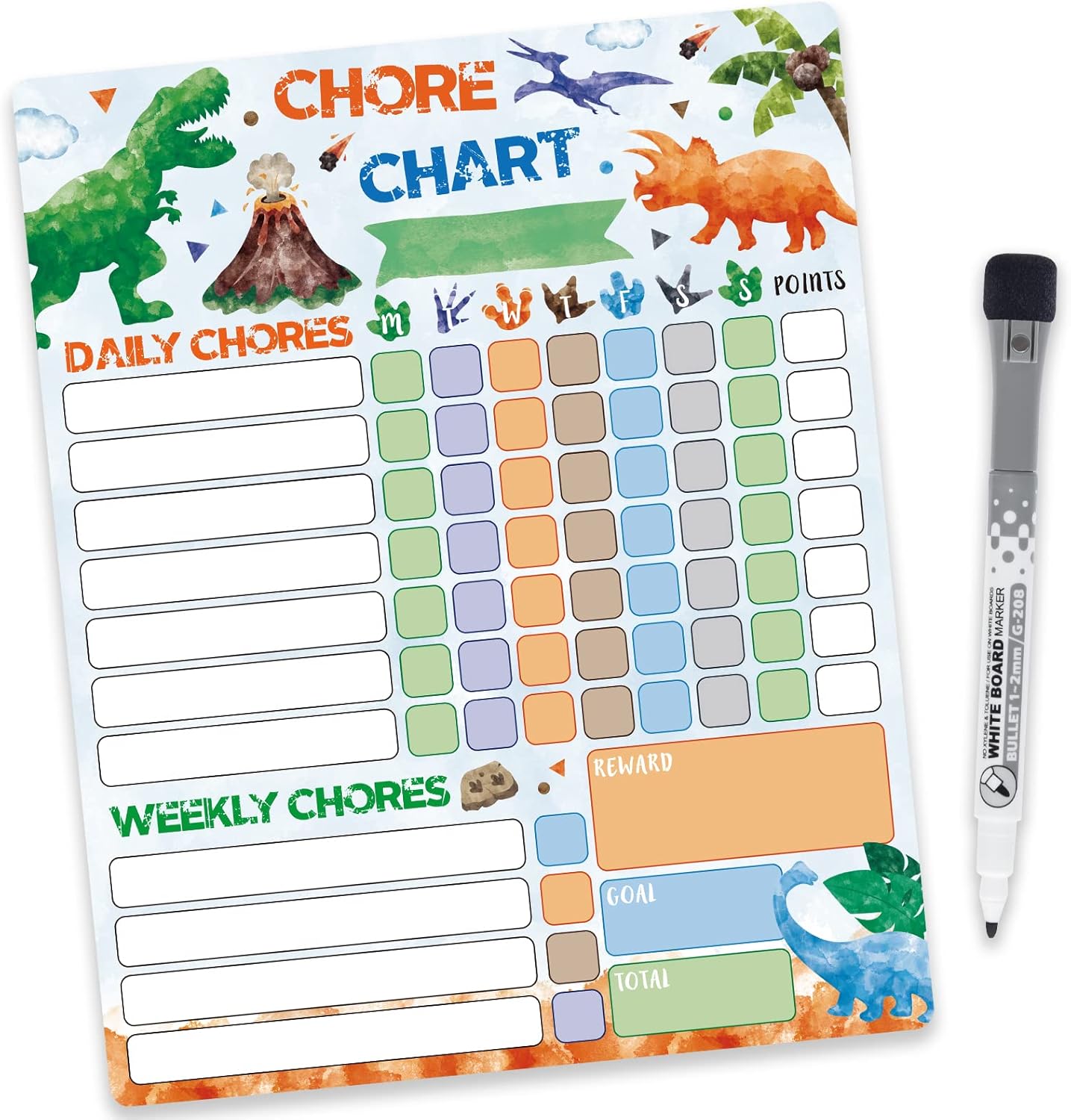 WERNNSAI Dinosaur Chore Chart - Magnetic Reward Chart for Boys Kids Good Behavior Chart with 1 Marker Reusable Dry Erase Responsibility Charts for Fridge Home School Supplies