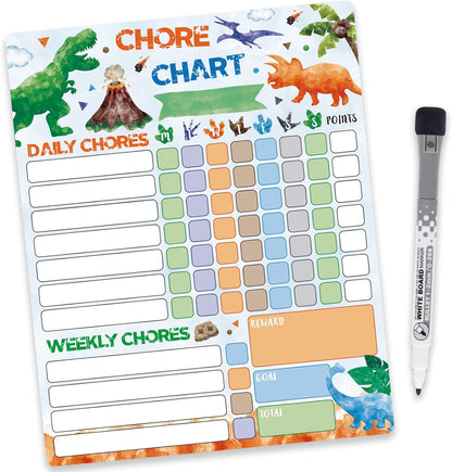 WERNNSAI Dinosaur Chore Chart - Magnetic Reward Chart for Boys Kids Good Behavior Chart with 1 Marker Reusable Dry Erase Responsibility Charts for Fridge Home School Supplies